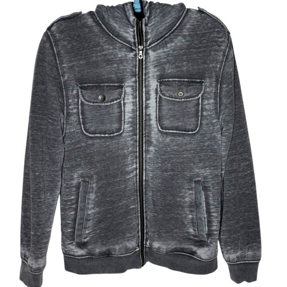 Retrofit Hoodie Mens Gray Acid Wash Faux Shearling Lined Full Zip Moto Grunge  M